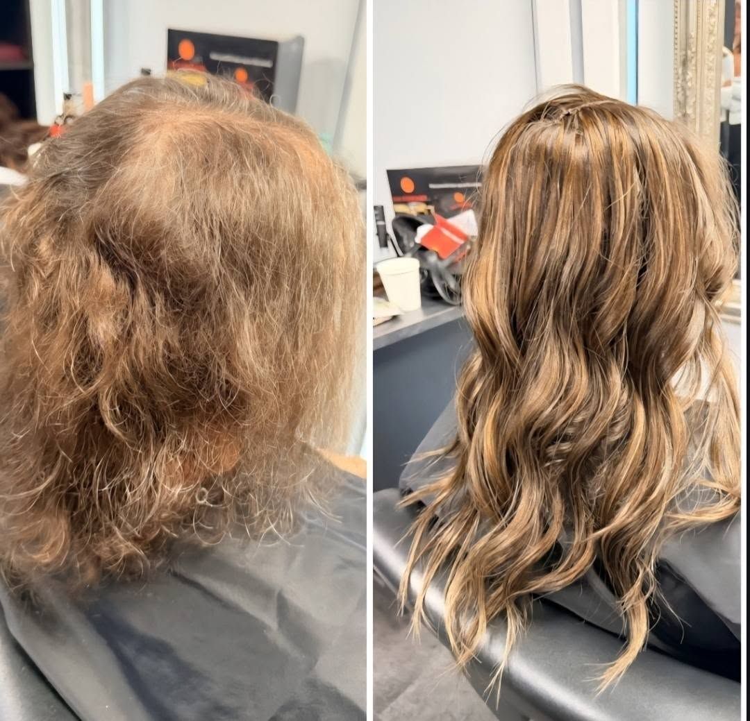 Before and after: thinning, dry hair transformed into full, dimensional waves at Salon East Naples